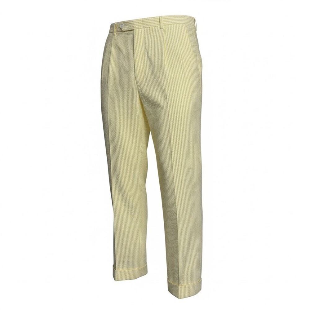 Vintage Seersucker Chino Pants W36 L29 Yellow White Stripe Pleated Cuffed Derby